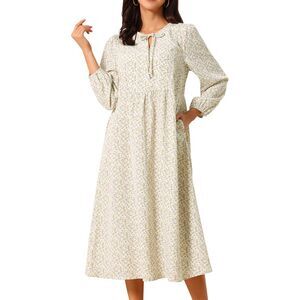 Women's Fall Dress Long Sleeve Flowy Swing Floral Midi Dress w Pockets Apricot